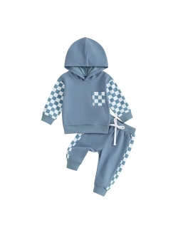 Allshope Toddler Baby Boy Clothes Set Long Sleeve Checkerboard Patchwork Hooded Tops Pants Cute Infant Newborn Fall Outfit