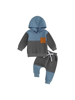 Allshope Toddler Baby Boy Clothes Set Long Sleeve Checkerboard Patchwork Hooded Tops Pants Cute Infant Newborn Fall Outfit