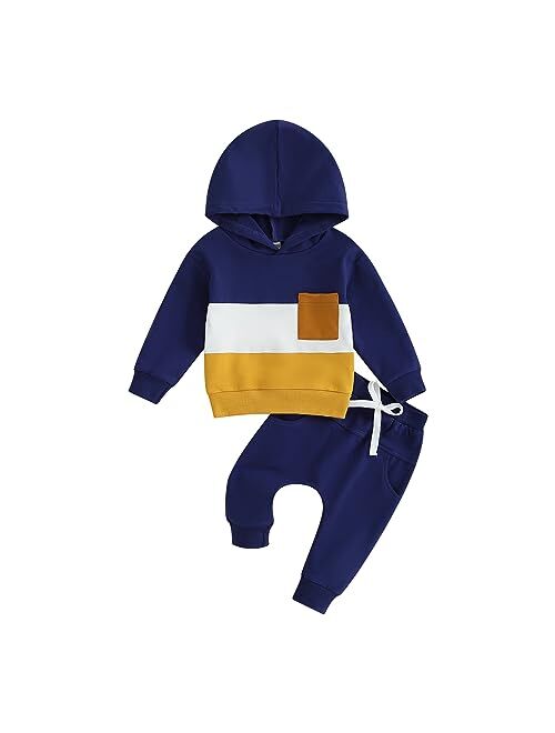 Allshope Toddler Baby Boy Clothes Set Long Sleeve Checkerboard Patchwork Hooded Tops Pants Cute Infant Newborn Fall Outfit