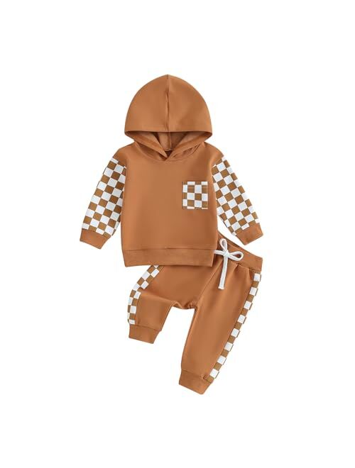 Allshope Toddler Baby Boy Clothes Set Long Sleeve Checkerboard Patchwork Hooded Tops Pants Cute Infant Newborn Fall Outfit