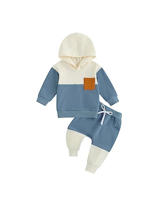 Allshope Toddler Baby Boy Clothes Set Long Sleeve Checkerboard Patchwork Hooded Tops Pants Cute Infant Newborn Fall Outfit