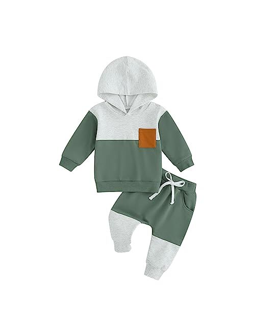 Allshope Toddler Baby Boy Clothes Set Long Sleeve Checkerboard Patchwork Hooded Tops Pants Cute Infant Newborn Fall Outfit