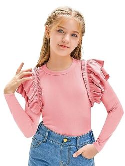 rrhss Girls Ruffle Long Sleeve Shirts Kids Cute Fitted Crew Neck Ribbed Knit Tops Clothes