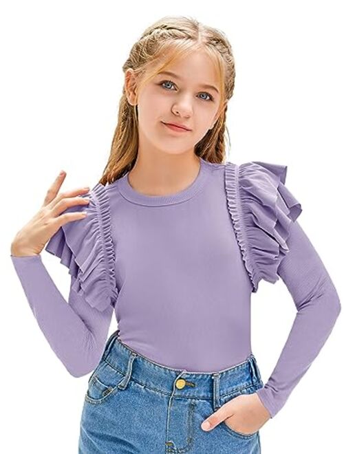 rrhss Girls Ruffle Long Sleeve Shirts Kids Cute Fitted Crew Neck Ribbed Knit Tops Clothes