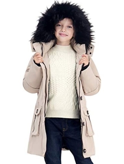 SOLOCOTE Girls Winter Coats Heavyweight Medium Length Warm Jacket With Removable Fur Collar Hooded 3-14Y