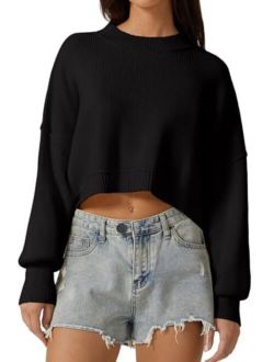 Women's Mock Neck Cropped Sweater Long Sleeve Drop Shouler Oversized Knit Pullover Tops