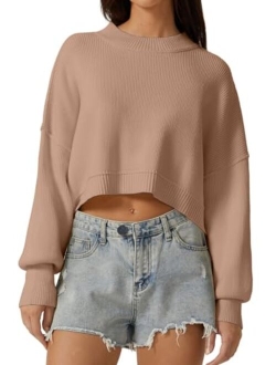 Women's Mock Neck Cropped Sweater Long Sleeve Drop Shouler Oversized Knit Pullover Tops