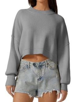 Women's Mock Neck Cropped Sweater Long Sleeve Drop Shouler Oversized Knit Pullover Tops