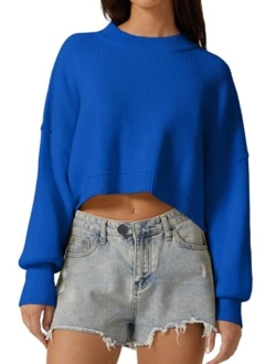 Women's Mock Neck Cropped Sweater Long Sleeve Drop Shouler Oversized Knit Pullover Tops