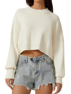 Women's Mock Neck Cropped Sweater Long Sleeve Drop Shouler Oversized Knit Pullover Tops