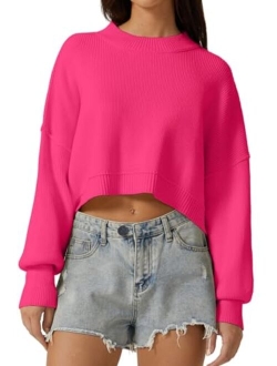 Women's Mock Neck Cropped Sweater Long Sleeve Drop Shouler Oversized Knit Pullover Tops