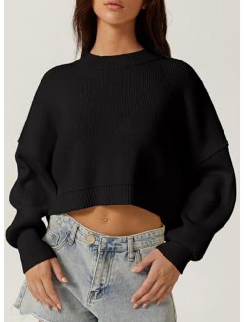 QINSEN Women's Mock Neck Cropped Sweater Long Sleeve Drop Shouler Oversized Knit Pullover Tops