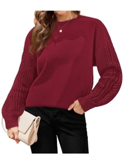 Hrutane Womens Sweaters 2023 Fall Long Sleeve Cable Knit Crewneck Solid Color Oversized Casual Chunky Pullover Tops