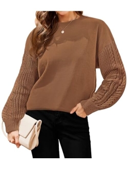 Hrutane Womens Sweaters 2023 Fall Long Sleeve Cable Knit Crewneck Solid Color Oversized Casual Chunky Pullover Tops