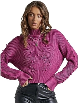 Women's Crew Neck Long Sleeve Pullover Crop Sweater Mock Neck Lantern Sleeve Ribbed Knit Jumper Sweater