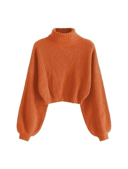 Women's Crew Neck Long Sleeve Pullover Crop Sweater Mock Neck Lantern Sleeve Ribbed Knit Jumper Sweater