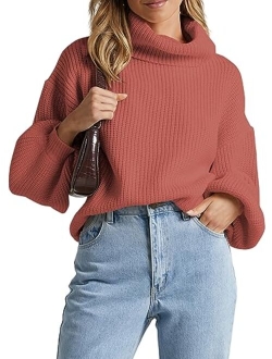 Women's Crew Neck Long Sleeve Pullover Crop Sweater Mock Neck Lantern Sleeve Ribbed Knit Jumper Sweater