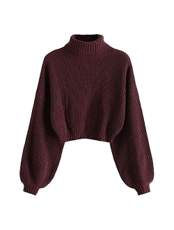 Women's Crew Neck Long Sleeve Pullover Crop Sweater Mock Neck Lantern Sleeve Ribbed Knit Jumper Sweater