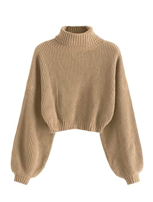 ZAFUL Women's Crew Neck Long Sleeve Pullover Crop Sweater Mock Neck Lantern Sleeve Ribbed Knit Jumper Sweater