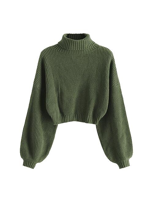 ZAFUL Women's Crew Neck Long Sleeve Pullover Crop Sweater Mock Neck Lantern Sleeve Ribbed Knit Jumper Sweater