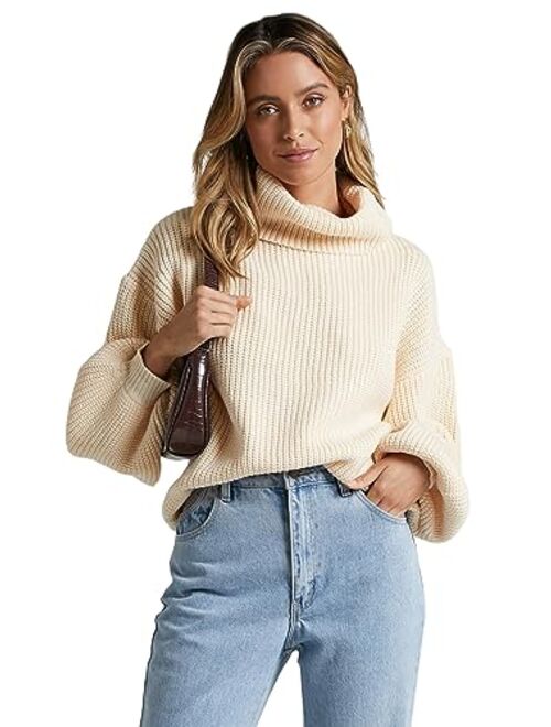 ZAFUL Women's Crew Neck Long Sleeve Pullover Crop Sweater Mock Neck Lantern Sleeve Ribbed Knit Jumper Sweater