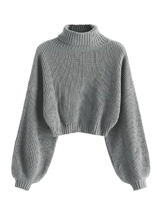 ZAFUL Women's Crew Neck Long Sleeve Pullover Crop Sweater Mock Neck Lantern Sleeve Ribbed Knit Jumper Sweater