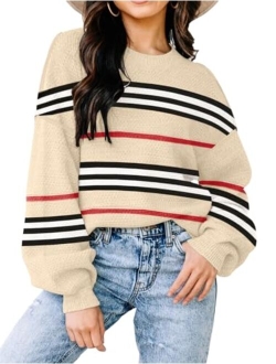 Disamer Fall Sweaters for Women 2023 Long Sleeve Striped Oversized Sweaters Trendy Casual Crew Neck Knitted Tops Pullover Jumper