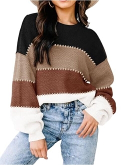 Disamer Fall Sweaters for Women 2023 Long Sleeve Striped Oversized Sweaters Trendy Casual Crew Neck Knitted Tops Pullover Jumper