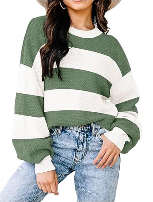 Disamer Fall Sweaters for Women 2023 Long Sleeve Striped Oversized Sweaters Trendy Casual Crew Neck Knitted Tops Pullover Jumper