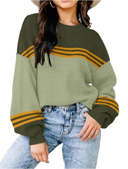 Disamer Fall Sweaters for Women 2023 Long Sleeve Striped Oversized Sweaters Trendy Casual Crew Neck Knitted Tops Pullover Jumper