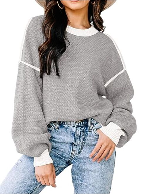 Disamer Fall Sweaters for Women 2023 Long Sleeve Striped Oversized Sweaters Trendy Casual Crew Neck Knitted Tops Pullover Jumper