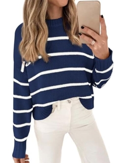 LILLUSORY Womens Striped Sweater Pullover Crewneck Knit Long Sleeve Cable Knitted Sweaters