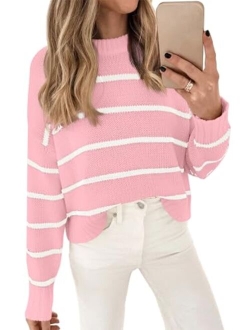 LILLUSORY Womens Striped Sweater Pullover Crewneck Knit Long Sleeve Cable Knitted Sweaters