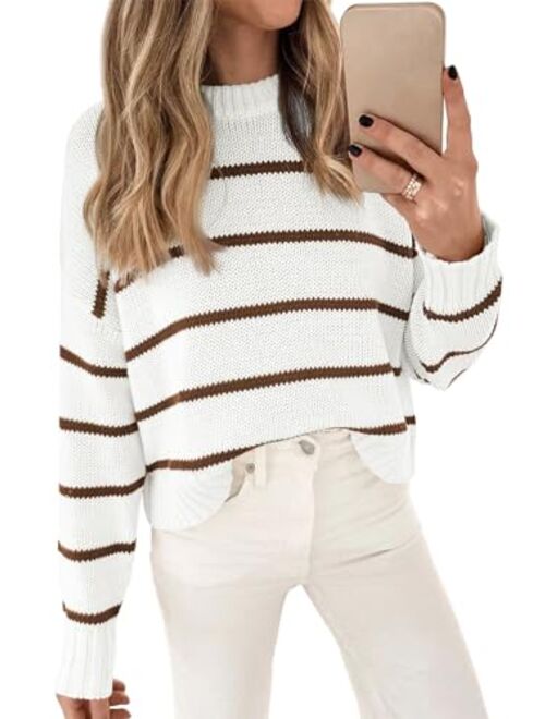 LILLUSORY Womens Striped Sweater Pullover Crewneck Knit Long Sleeve Cable Knitted Sweaters