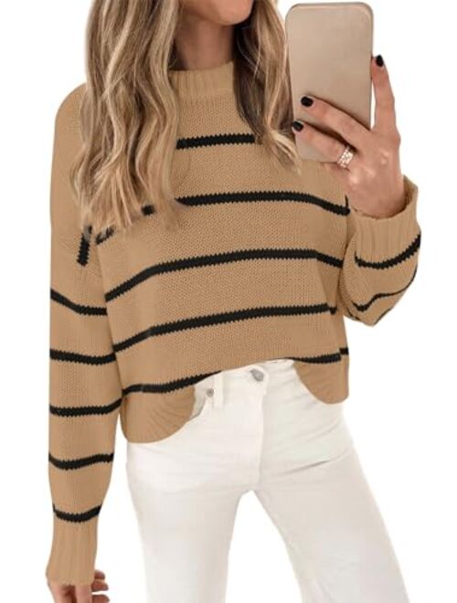 LILLUSORY Womens Striped Sweater Pullover Crewneck Knit Long Sleeve Cable Knitted Sweaters