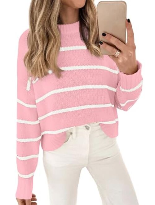 LILLUSORY Womens Striped Sweater Pullover Crewneck Knit Long Sleeve Cable Knitted Sweaters