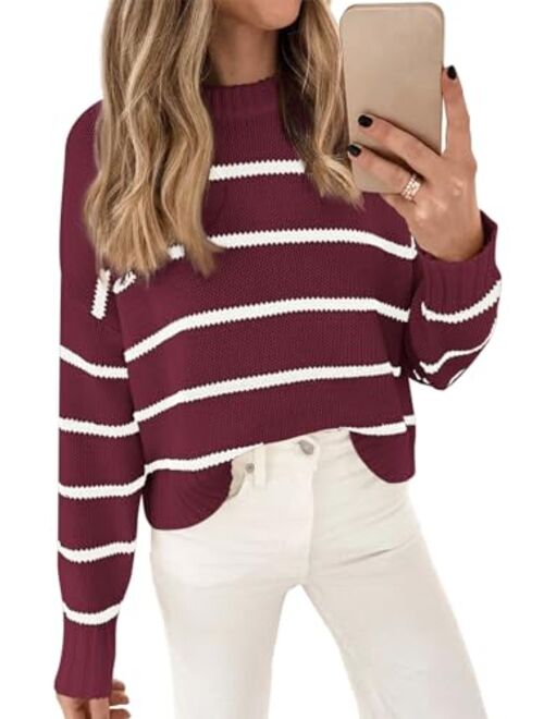 LILLUSORY Womens Striped Sweater Pullover Crewneck Knit Long Sleeve Cable Knitted Sweaters