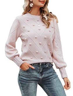 Miessial Women's Fall Crew Neck Pullover Sweater Cute Long Puff Sleeve Chunky Knit Sweater Pompom Jumper Top