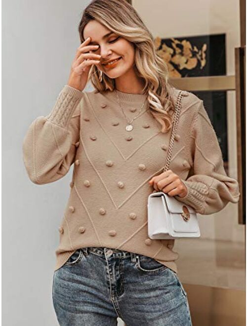 Miessial Women's Fall Crew Neck Pullover Sweater Cute Long Puff Sleeve Chunky Knit Sweater Pompom Jumper Top