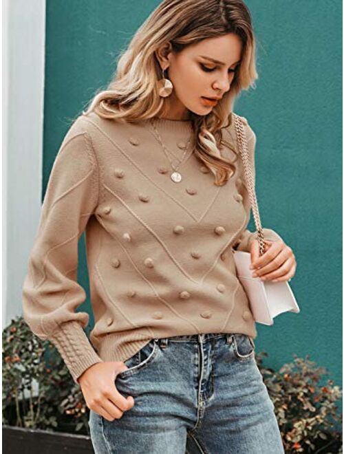 Miessial Women's Fall Crew Neck Pullover Sweater Cute Long Puff Sleeve Chunky Knit Sweater Pompom Jumper Top