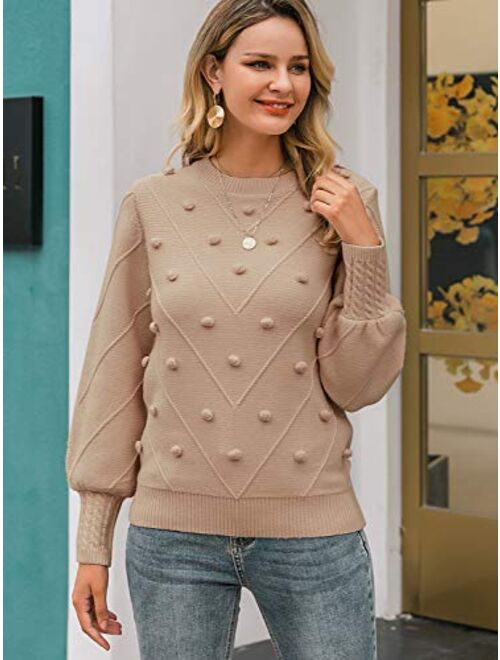 Miessial Women's Fall Crew Neck Pullover Sweater Cute Long Puff Sleeve Chunky Knit Sweater Pompom Jumper Top