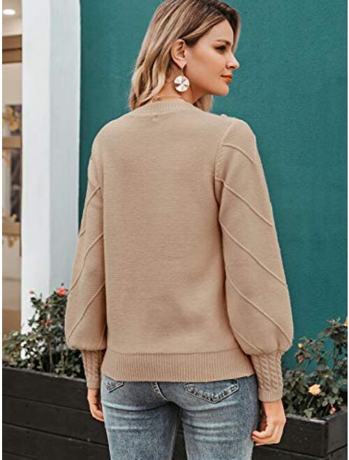 Miessial Women's Fall Crew Neck Pullover Sweater Cute Long Puff Sleeve Chunky Knit Sweater Pompom Jumper Top