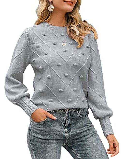 Miessial Women's Fall Crew Neck Pullover Sweater Cute Long Puff Sleeve Chunky Knit Sweater Pompom Jumper Top