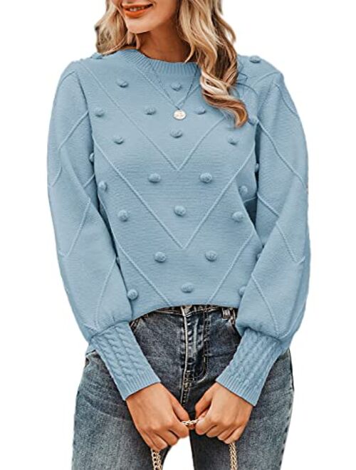 Miessial Women's Fall Crew Neck Pullover Sweater Cute Long Puff Sleeve Chunky Knit Sweater Pompom Jumper Top