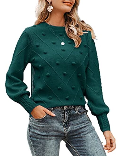 Miessial Women's Fall Crew Neck Pullover Sweater Cute Long Puff Sleeve Chunky Knit Sweater Pompom Jumper Top