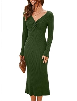 MIHOLL Womens 2023 Sweater Dress Long Sleeve V Neck Twist Front Slim Fit Ribbed Knit Bodycon Midi Dress