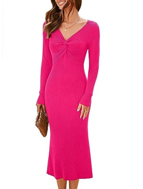 MIHOLL Womens 2023 Sweater Dress Long Sleeve V Neck Twist Front Slim Fit Ribbed Knit Bodycon Midi Dress