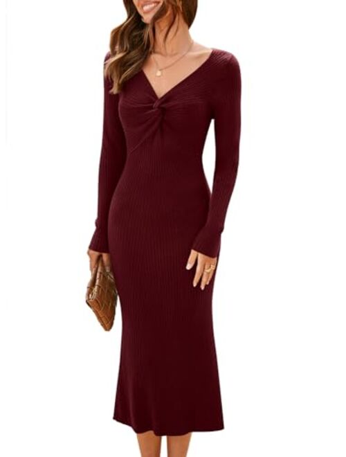 MIHOLL Womens 2023 Sweater Dress Long Sleeve V Neck Twist Front Slim Fit Ribbed Knit Bodycon Midi Dress