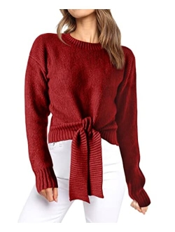 Okiwam Women's Long Sleeve Cropped Knit Sweater Tie Front Crew Neck Solid Color Ribbed Pullover 2023 Casual Tops Jumper