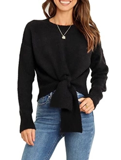 Okiwam Women's Long Sleeve Cropped Knit Sweater Tie Front Crew Neck Solid Color Ribbed Pullover 2023 Casual Tops Jumper